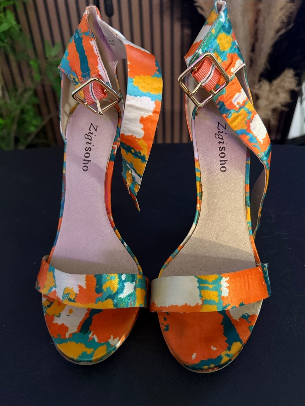 Zigi Soho Orange, Teal and Yellow Patterned Ankle-Strap Heels